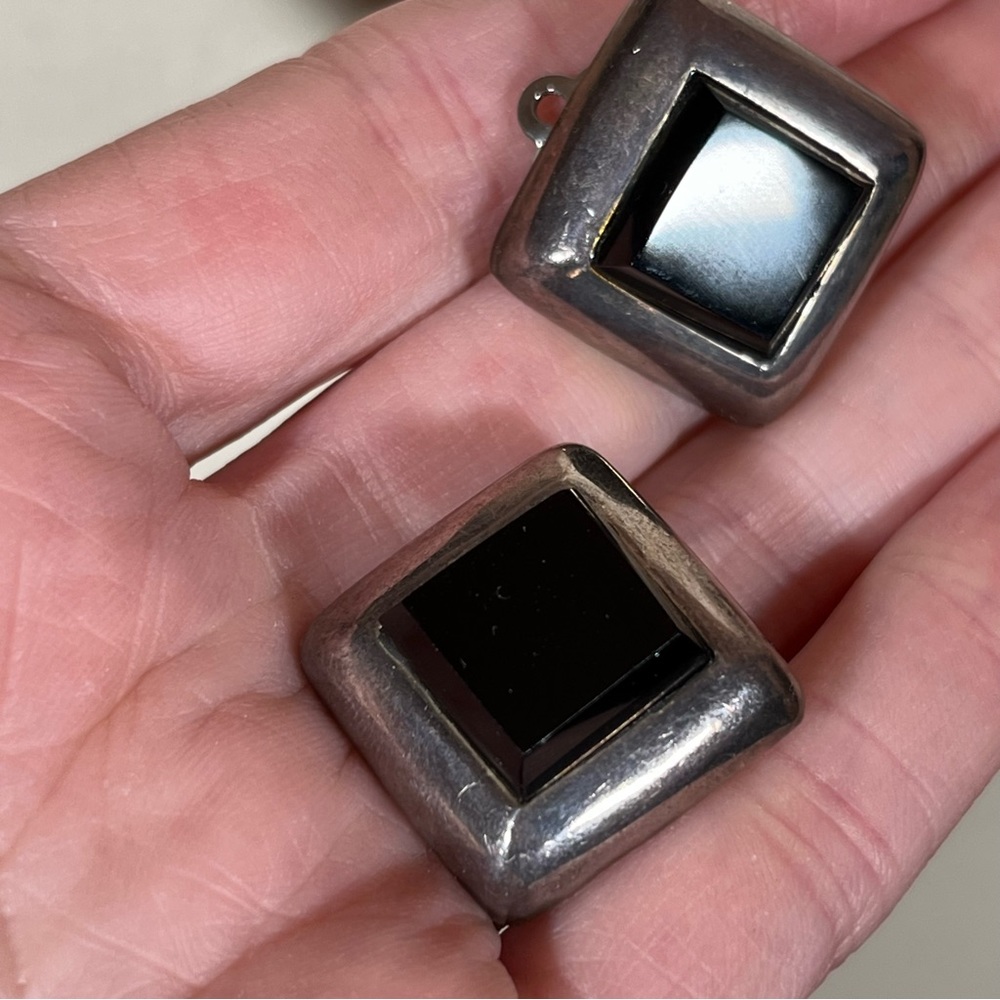 Vintage Native American Sterling Silver Black Onyx Art deco Square clip Earrings
